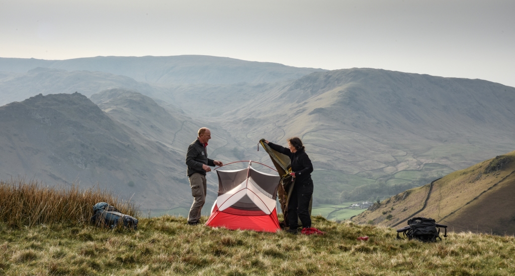 putting up the tent on the 120 degree line from the Under Helm Sycamore. The tree sits at the centre of this project and can be seen in the distance on the scree slopes to the left of Rob.